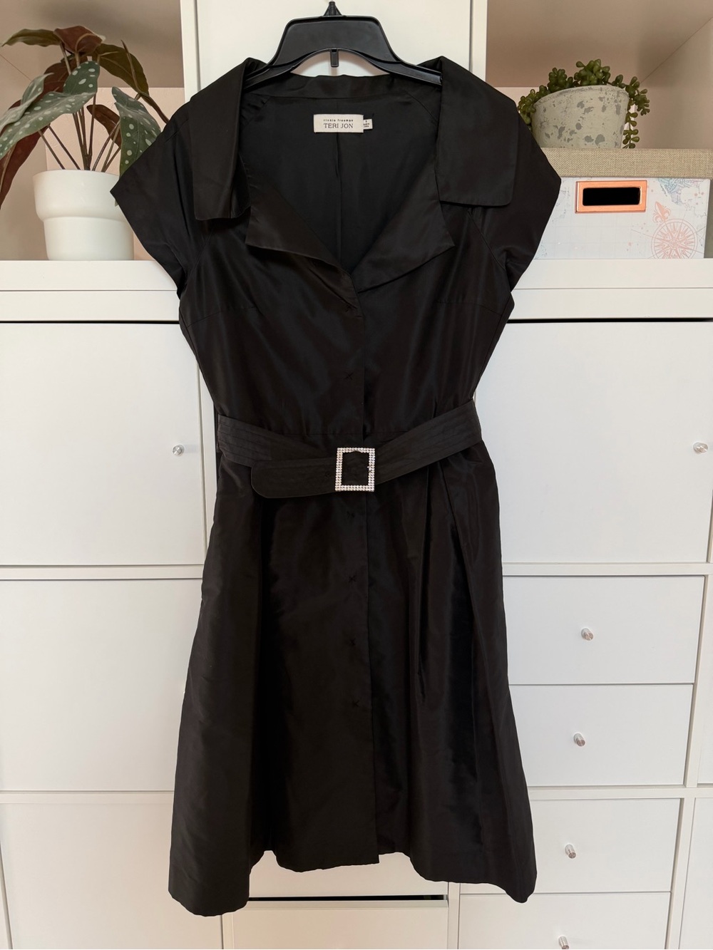 Teri Jon Black A-Line Belted Button-Up Dress Size 8